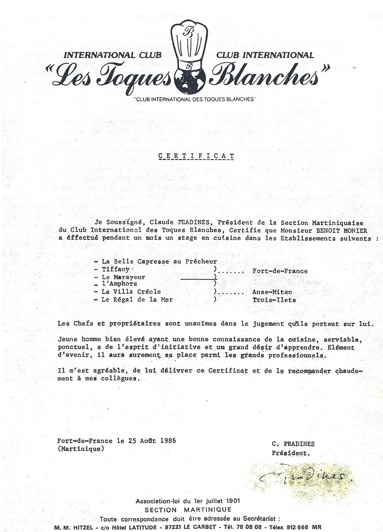1986 certificate from Les Toques Blanches confirming a one-month kitchen stage across six restaurants in Martinique