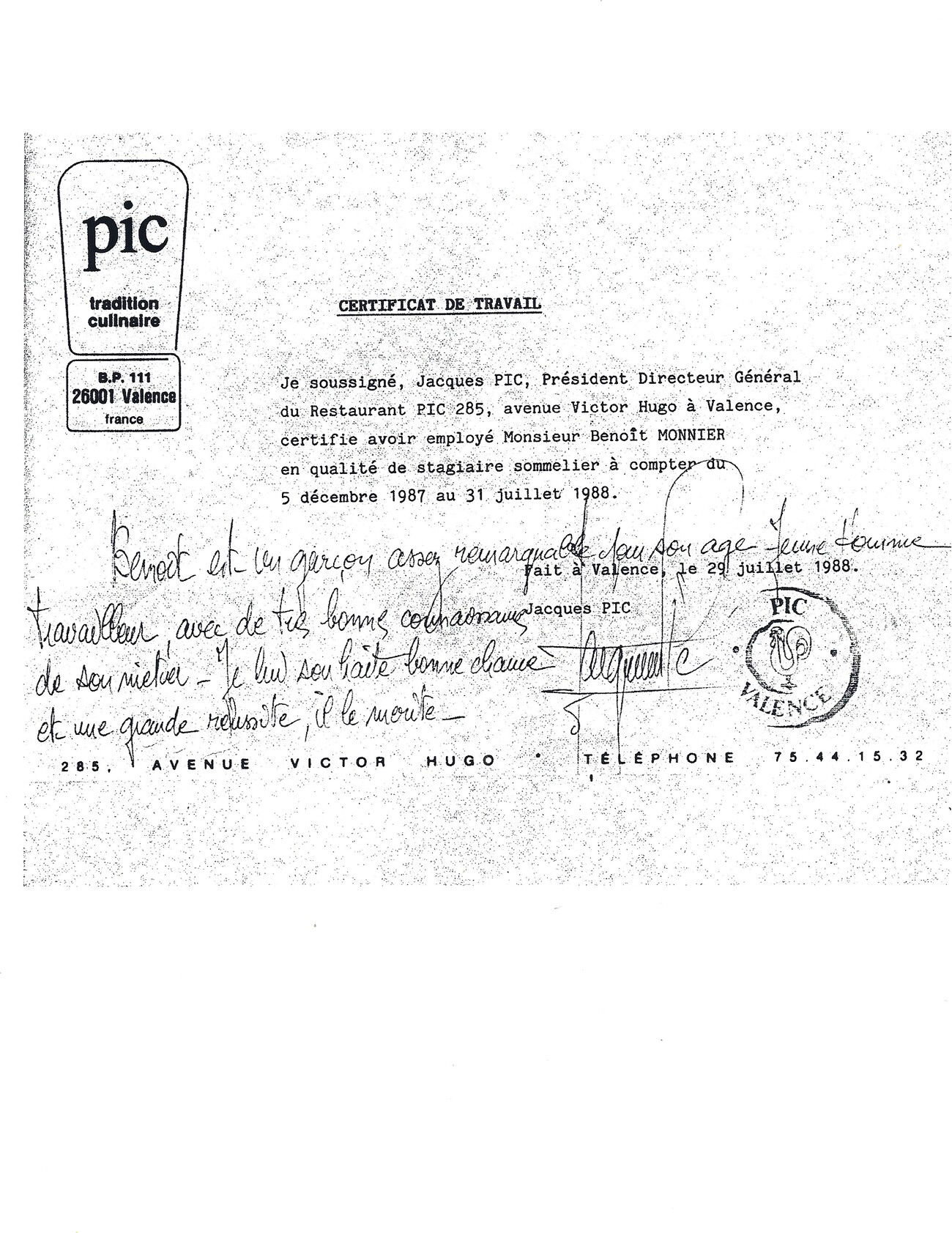 1988 certificate of employment signed by chef Jacques Pic, confirming Benoît Monier's role as trainee sommelier