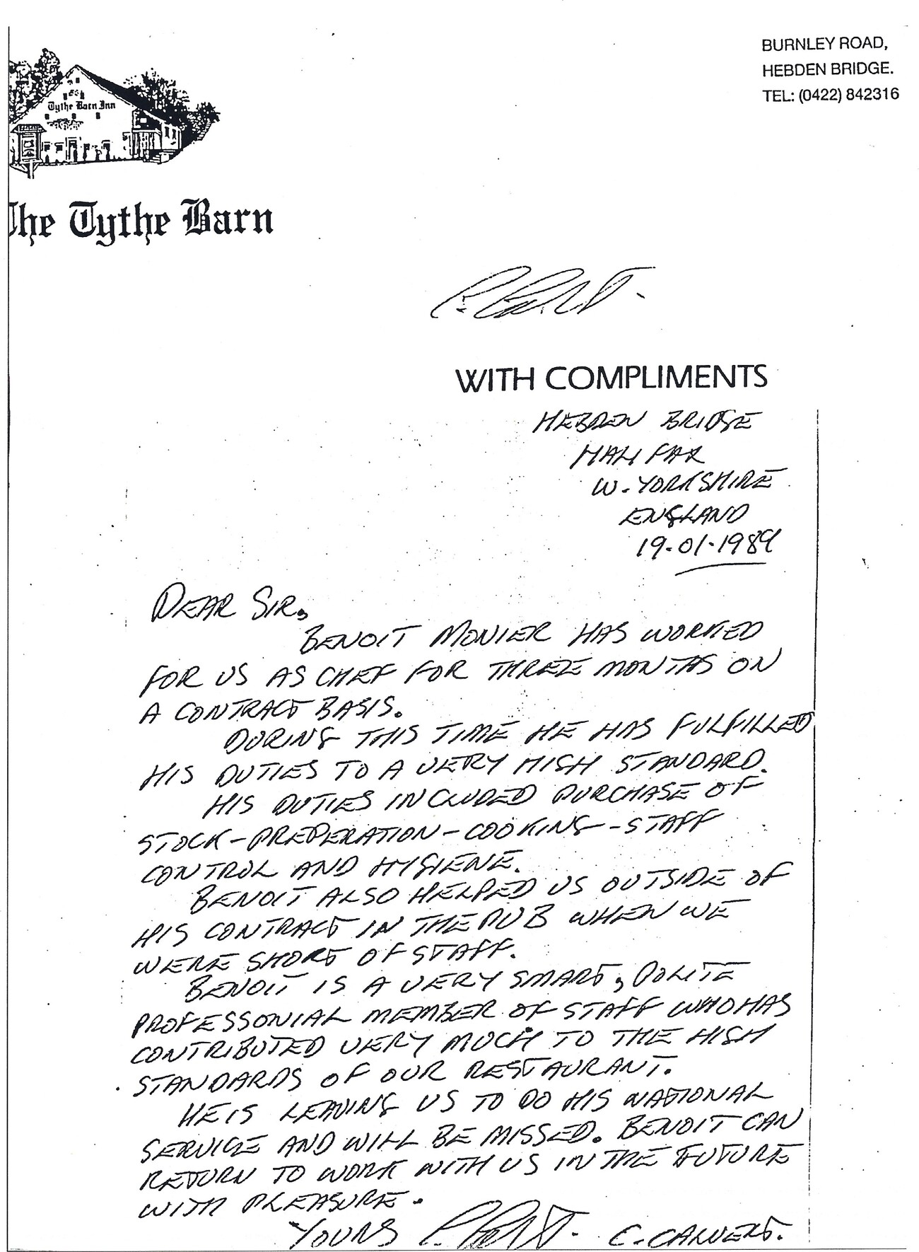 Handwritten 1989 reference letter from The Tythe Barn Inn describing Benoît Monier's work as chef